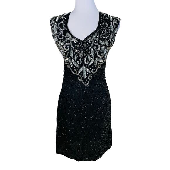 Vtg Laurence Kazar XL Dress 100% Silk Heavily Sequined Beaded Cut Out Back Black - Picture 1 of 14